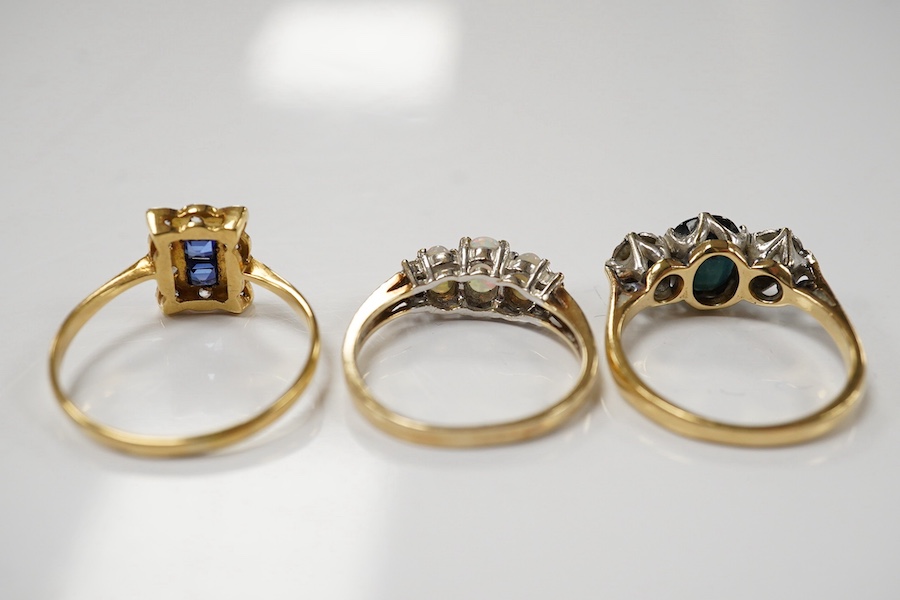 A 10k and three stone opal ring, with diamond set shoulders, an 18ct, sapphire and diamond three stone ring and a 1920's 18ct and plat. sapphire and diamond tablet ring, size P/Q, gross weight 8.1 grams Condition - poor